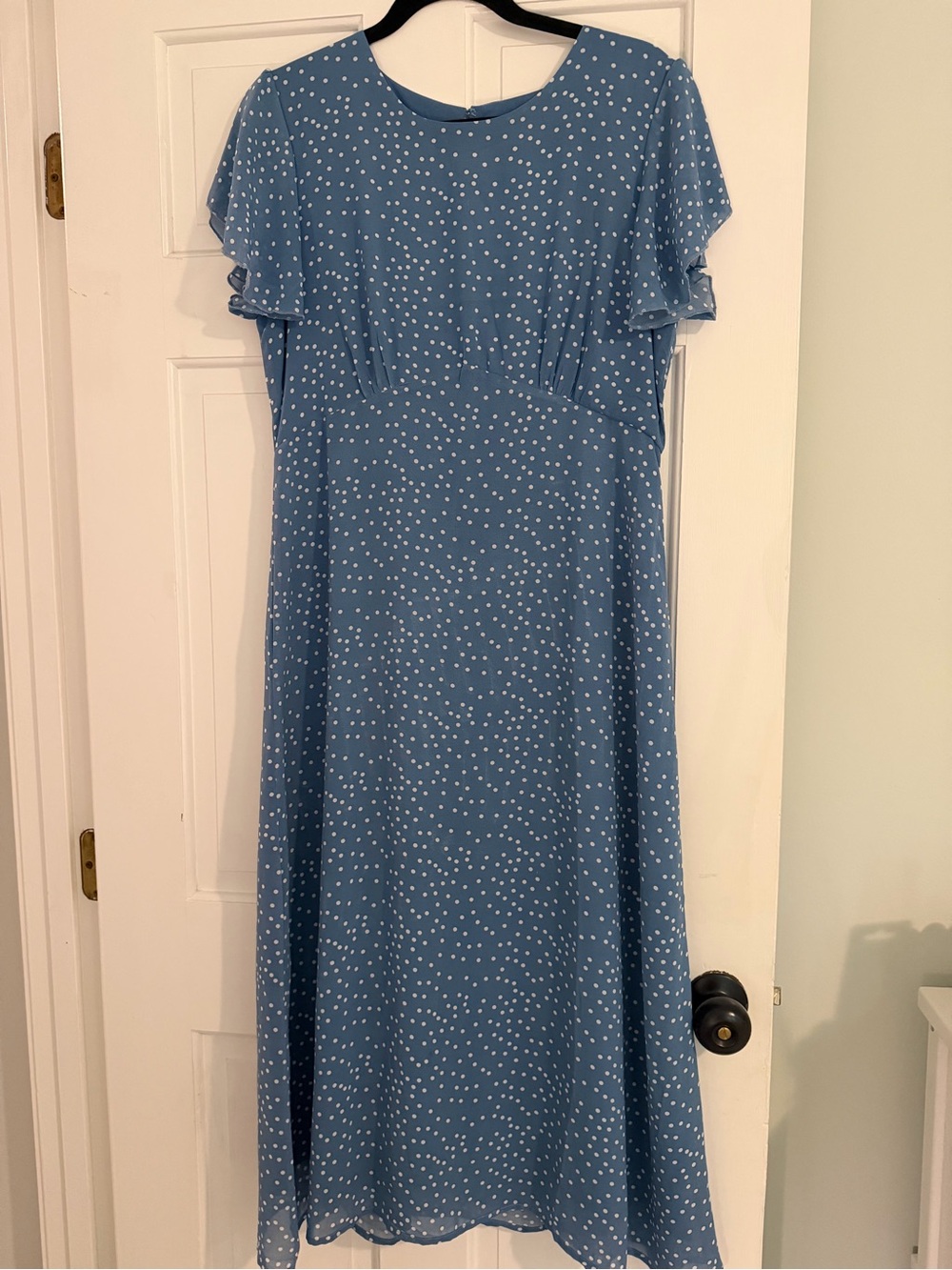 Suzanne Betro Blue Polka Midi Dress with Flutter Sleeves